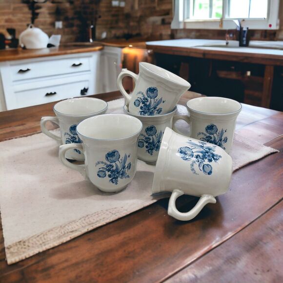 Set of 6 VTG Brick Oven Stoneware Blue White Floral Jardin Bleu Mug Cup Cottage - Picture 1 of 15